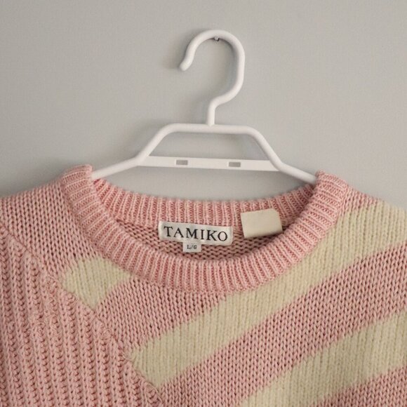 Vntg Tamiko Women's L Pink Angora/Rabbit Hair Pullover Crew Knit Ribbed Sweater - Picture 4 of 11